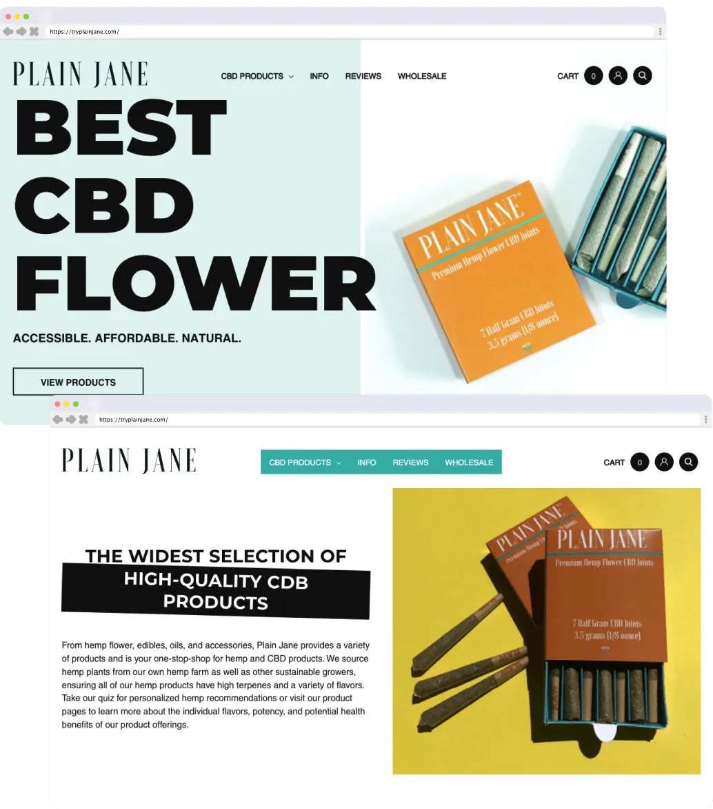 image of the user interface of Plain Jane's website completed using LinkGraph's professional cannabis web design strategy