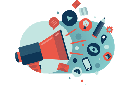 An illustration of a megaphone with social media icons, highlighting the importance of reputation management.