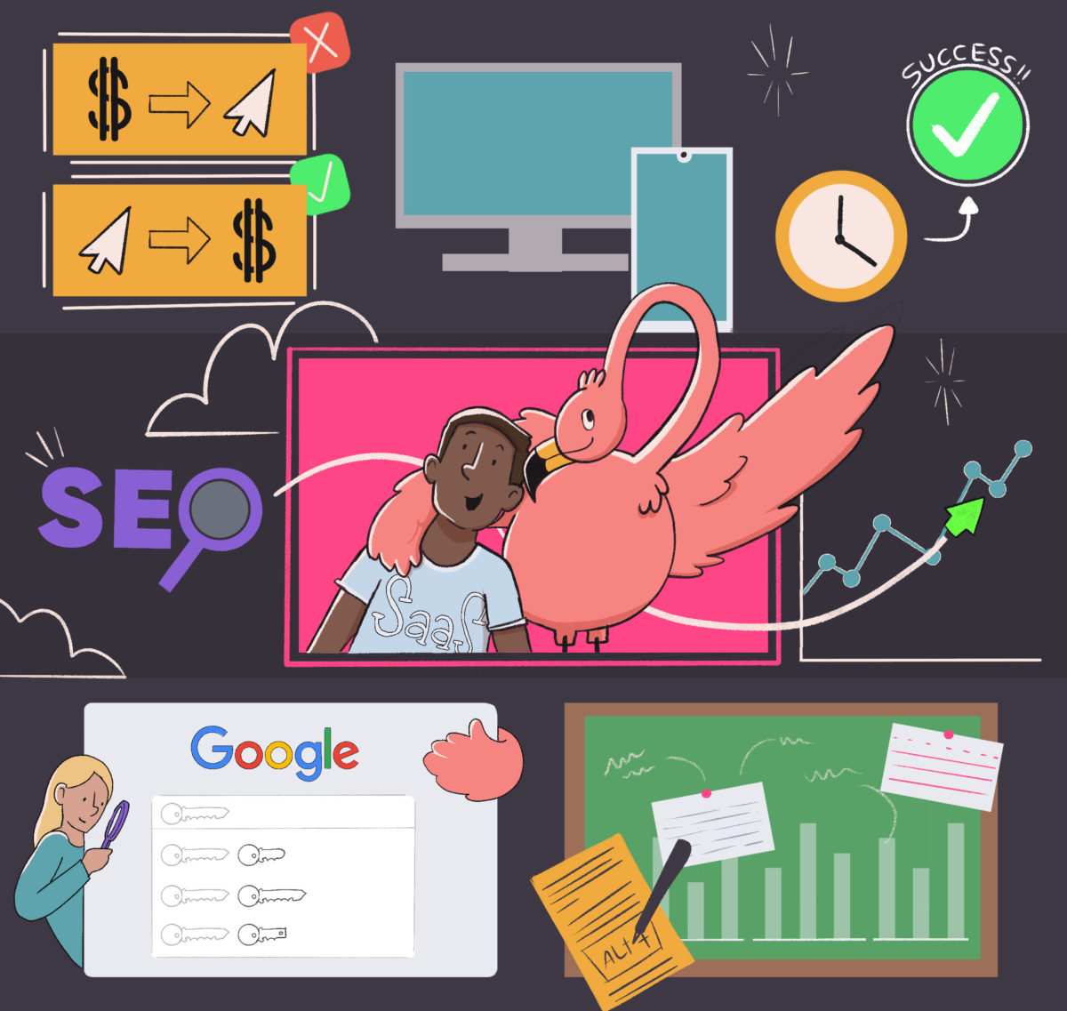 A colorful illustration depicting various concepts related to digital marketing, including seo, analytics, content strategy, and success metrics, with a person collaborating with a symbolic flamingo on a laptop.