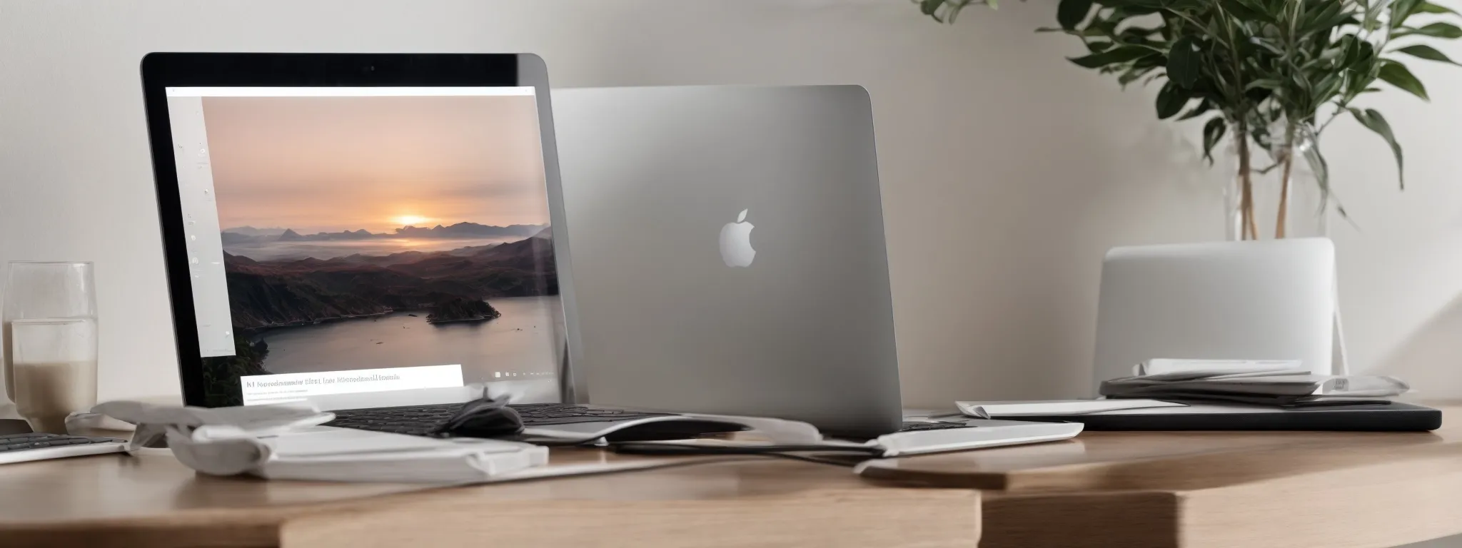 a sleek laptop displaying an inviting, modern website layout on a minimalist desk with ample space.